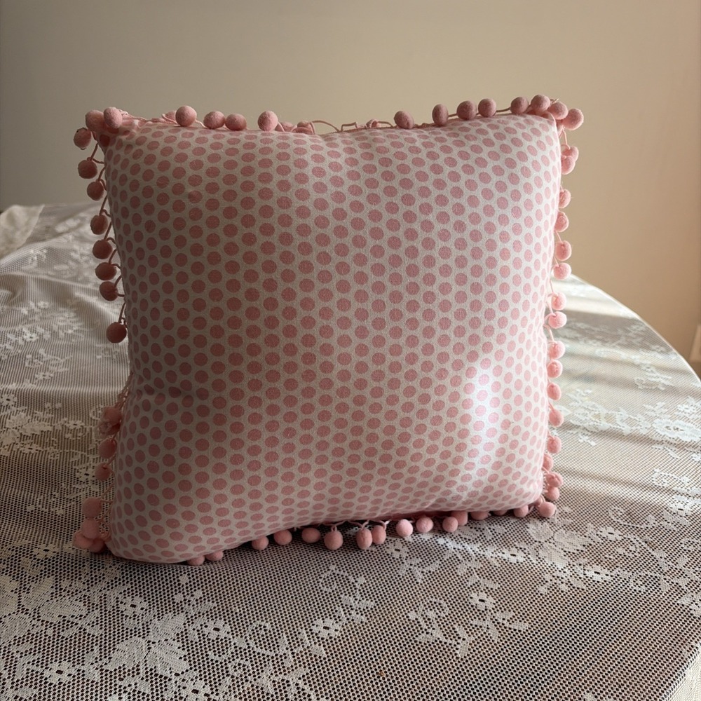 Vintage Inspired Kitschy Lamb Throw Pillow Pink Pom Pom Fringe Square Polka Dots - Picture 16 of 16